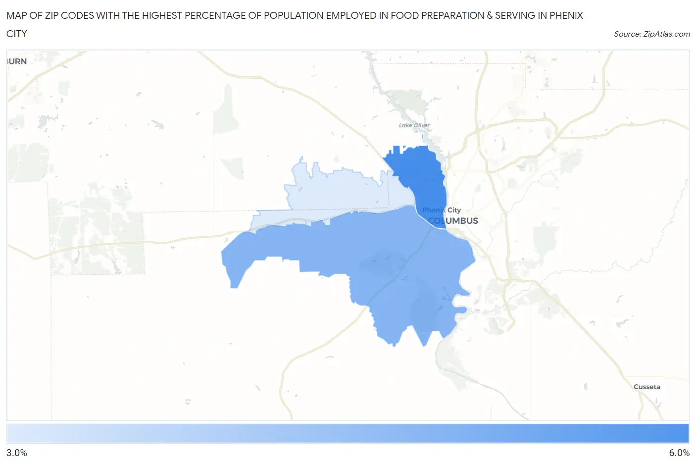 Zip Codes with the Highest Percentage of Population Employed in Food Preparation & Serving in Phenix City Map