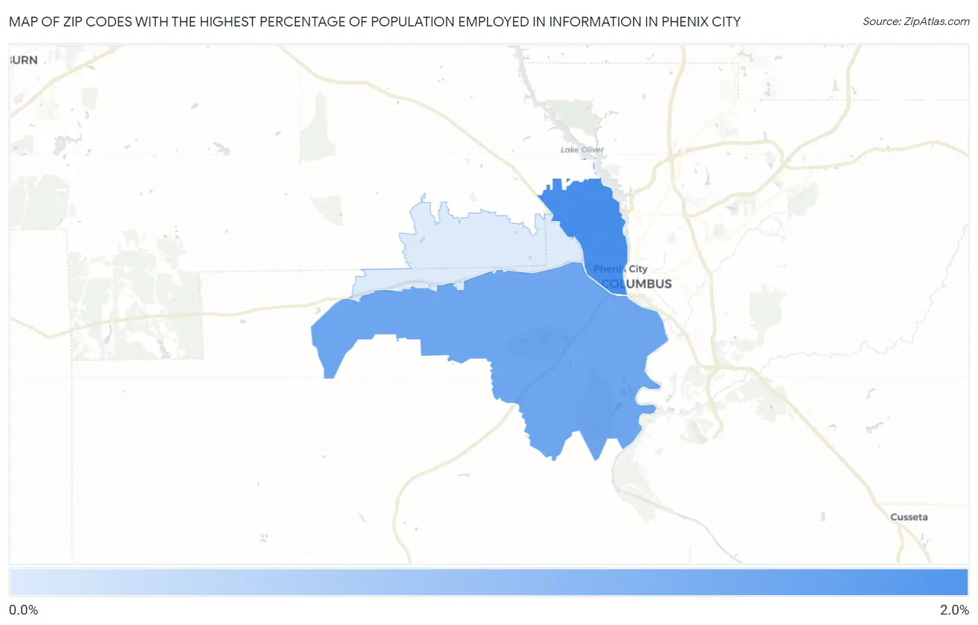 Zip Codes with the Highest Percentage of Population Employed in Information in Phenix City Map