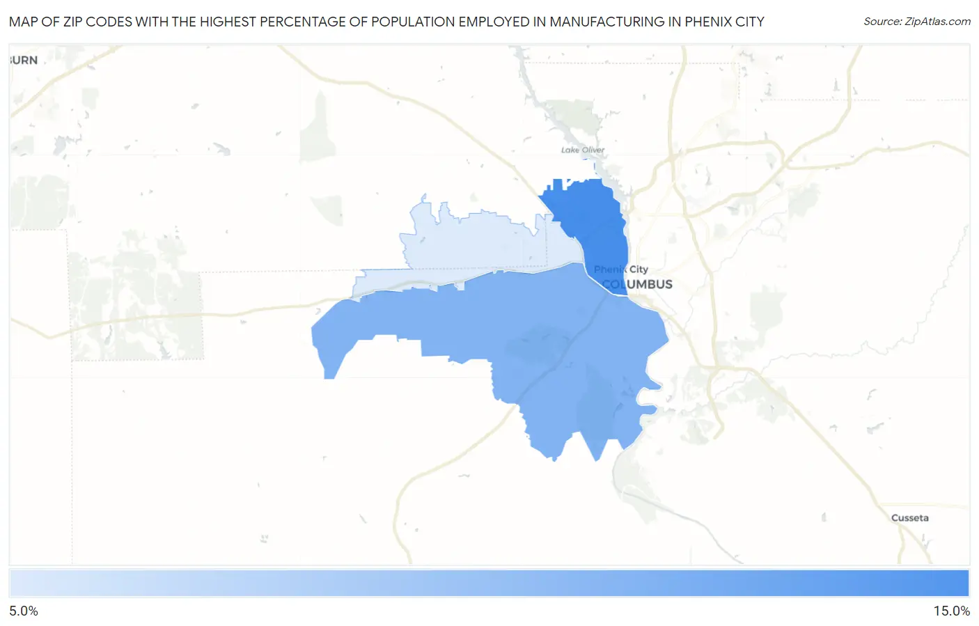 Zip Codes with the Highest Percentage of Population Employed in Manufacturing in Phenix City Map