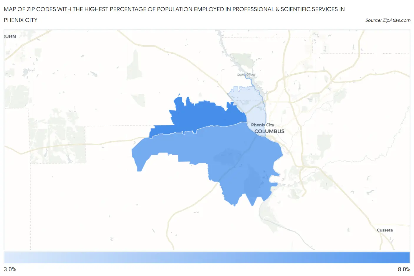 Zip Codes with the Highest Percentage of Population Employed in Professional & Scientific Services in Phenix City Map