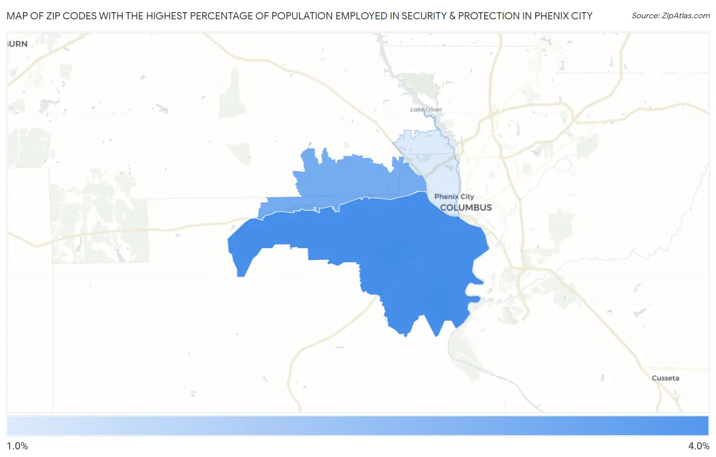 Zip Codes with the Highest Percentage of Population Employed in Security & Protection in Phenix City Map