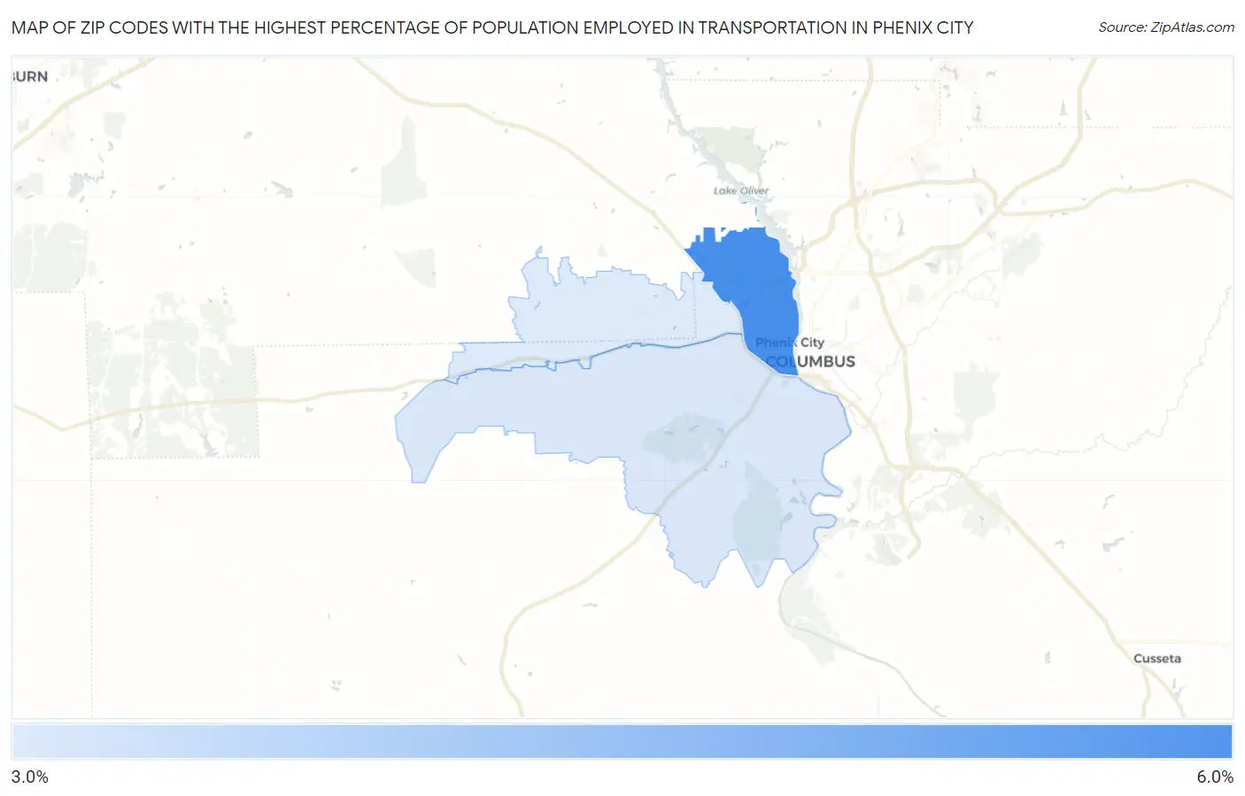 Zip Codes with the Highest Percentage of Population Employed in Transportation in Phenix City Map