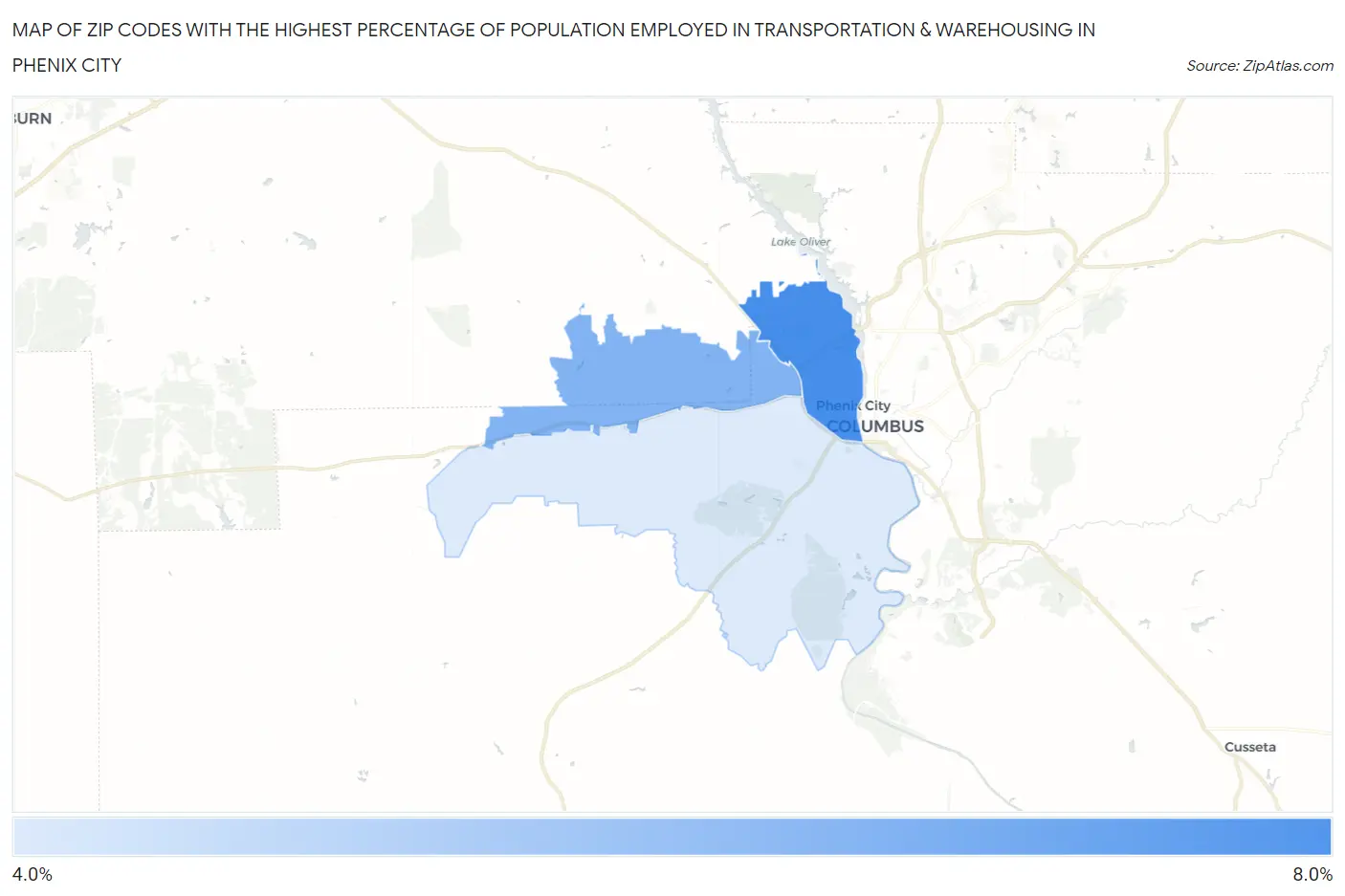 Zip Codes with the Highest Percentage of Population Employed in Transportation & Warehousing in Phenix City Map