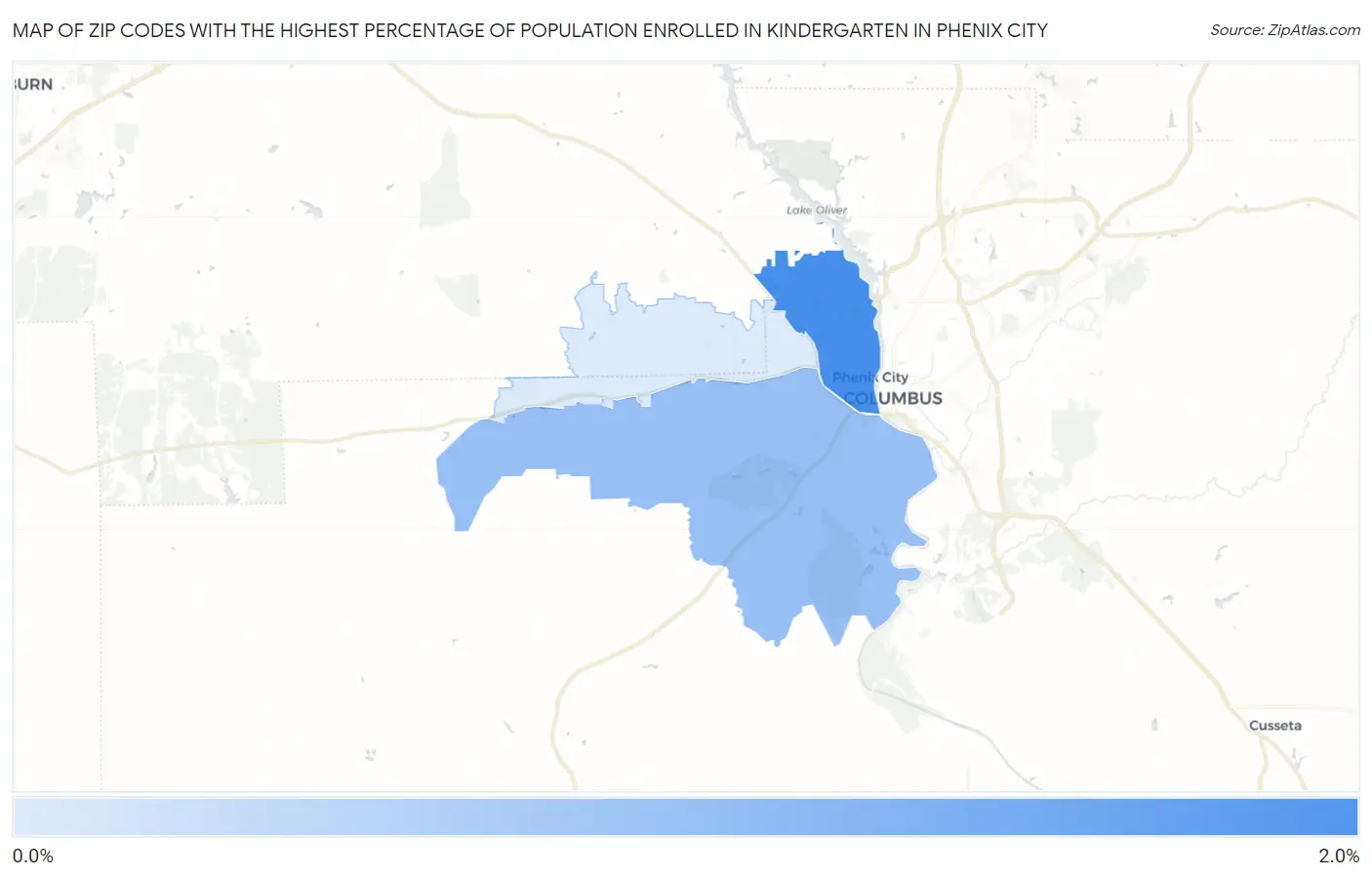 Zip Codes with the Highest Percentage of Population Enrolled in Kindergarten in Phenix City Map