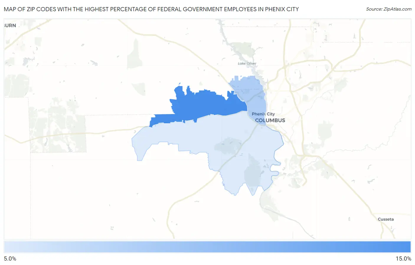 Zip Codes with the Highest Percentage of Federal Government Employees in Phenix City Map