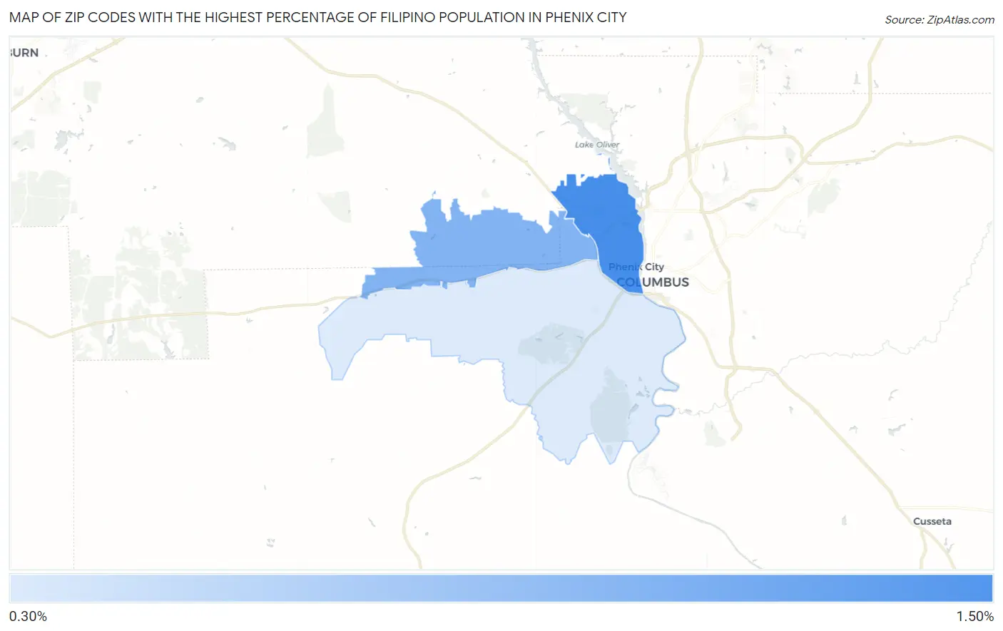 Zip Codes with the Highest Percentage of Filipino Population in Phenix City Map