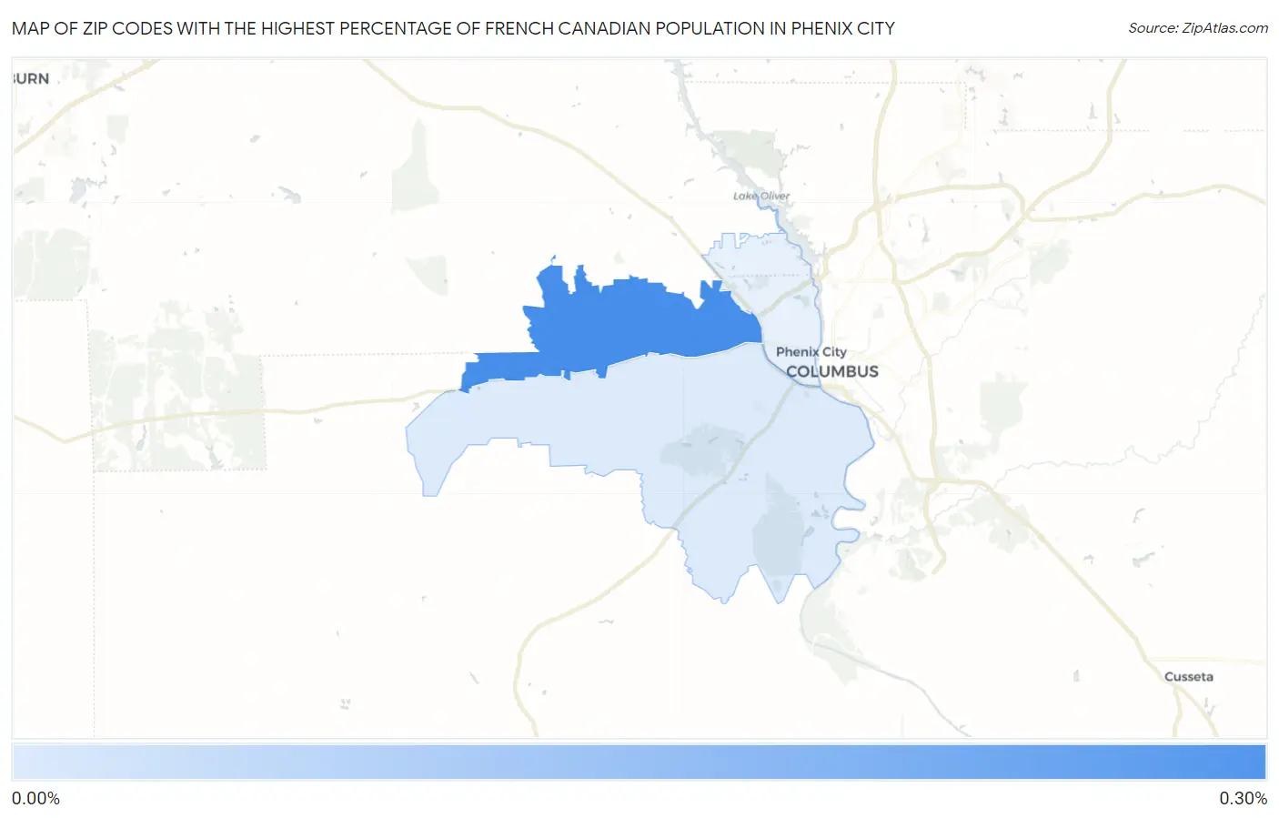Zip Codes with the Highest Percentage of French Canadian Population in Phenix City Map