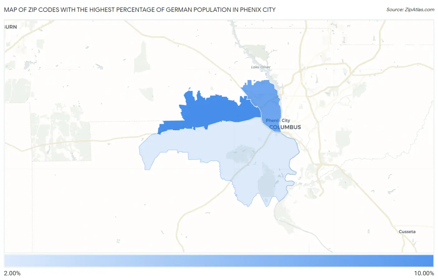 Zip Codes with the Highest Percentage of German Population in Phenix City Map