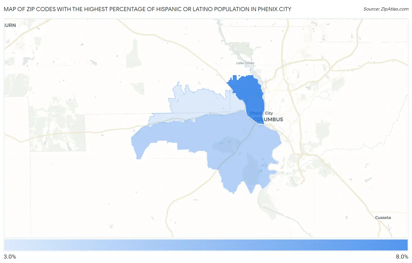 Zip Codes with the Highest Percentage of Hispanic or Latino Population in Phenix City Map