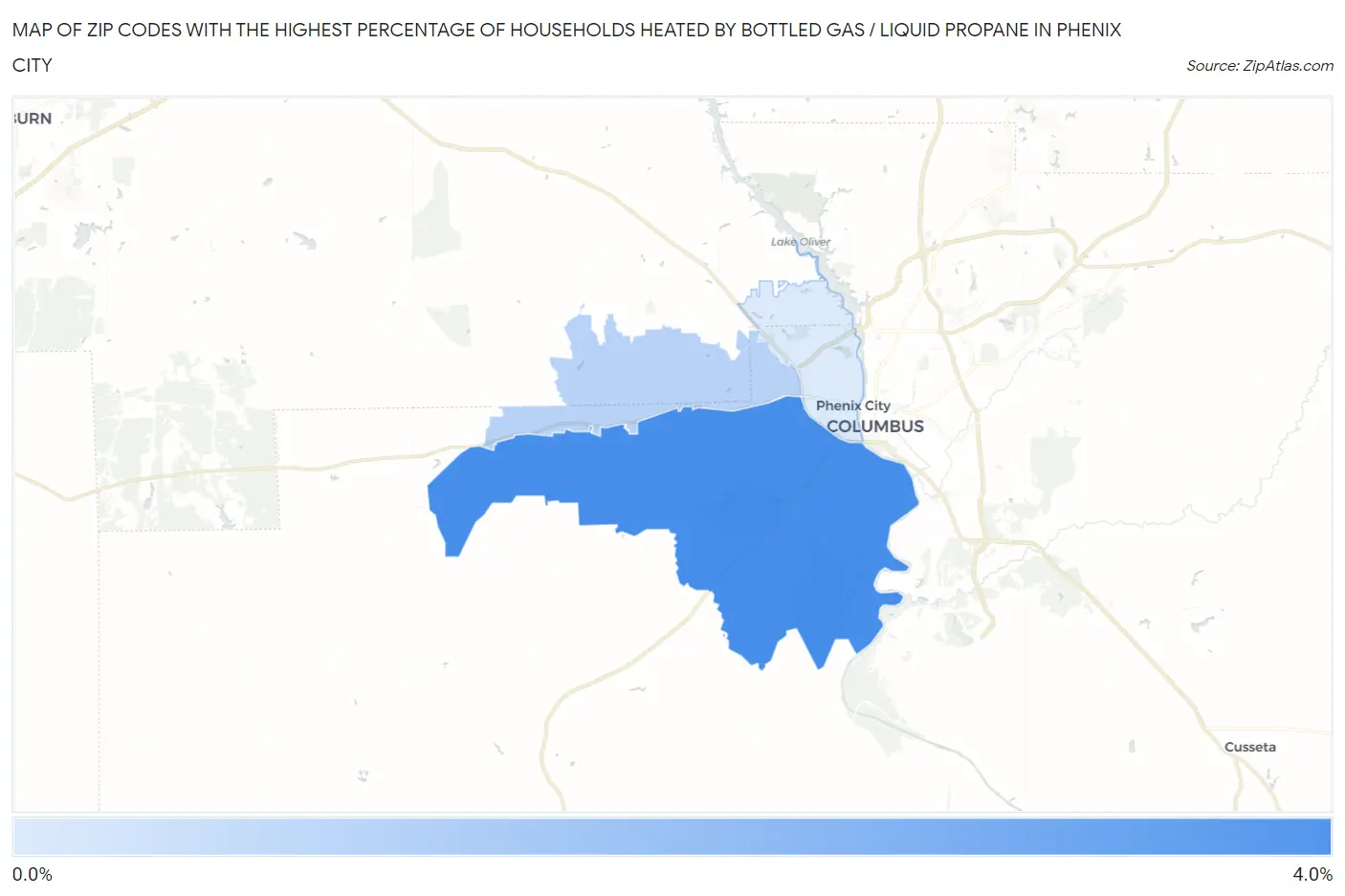 Zip Codes with the Highest Percentage of Households Heated by Bottled Gas / Liquid Propane in Phenix City Map