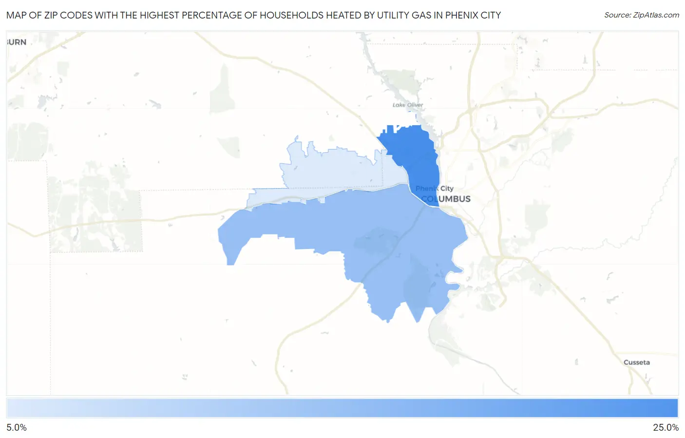 Zip Codes with the Highest Percentage of Households Heated by Utility Gas in Phenix City Map