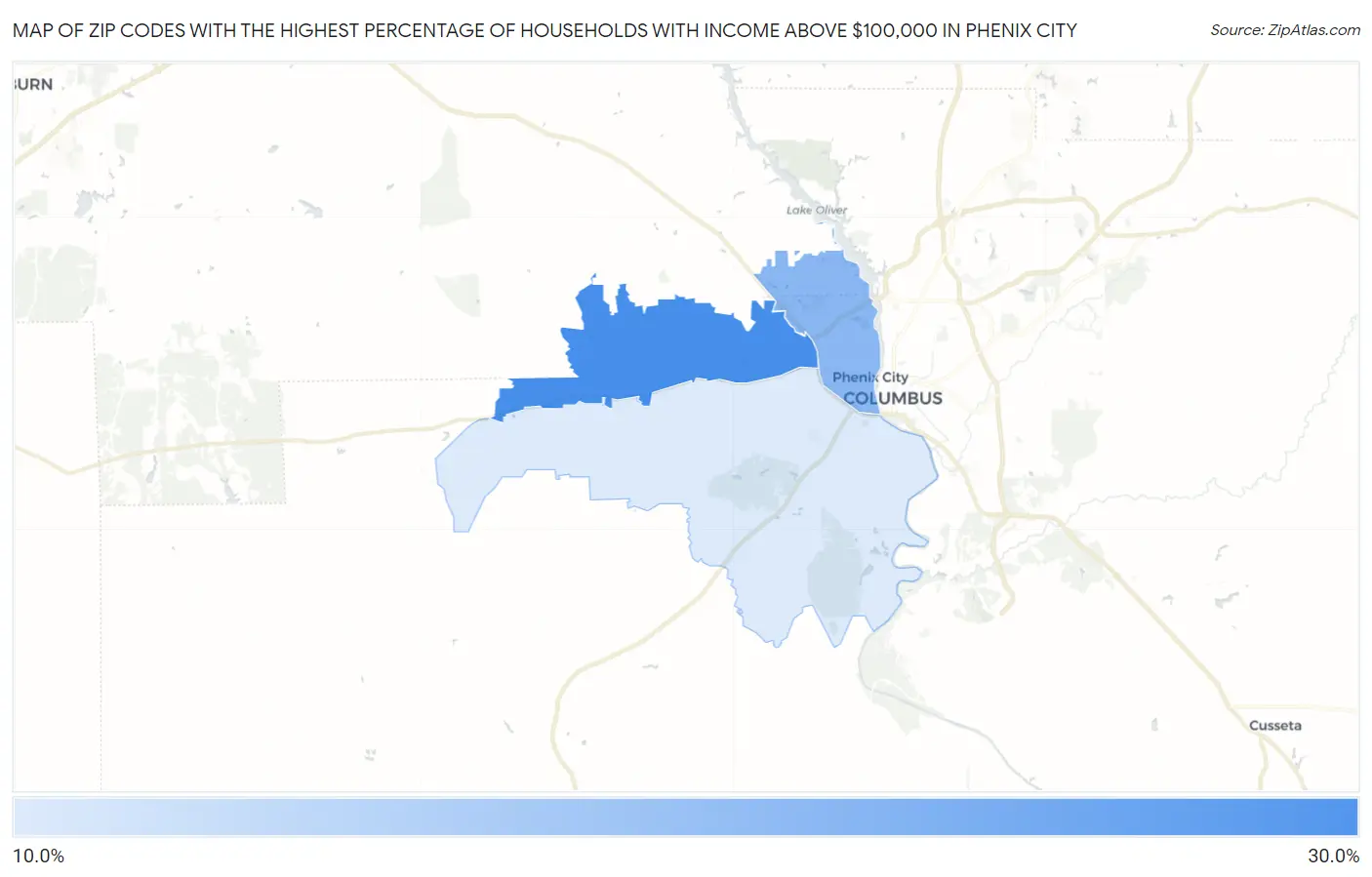 Zip Codes with the Highest Percentage of Households with Income Above $100,000 in Phenix City Map