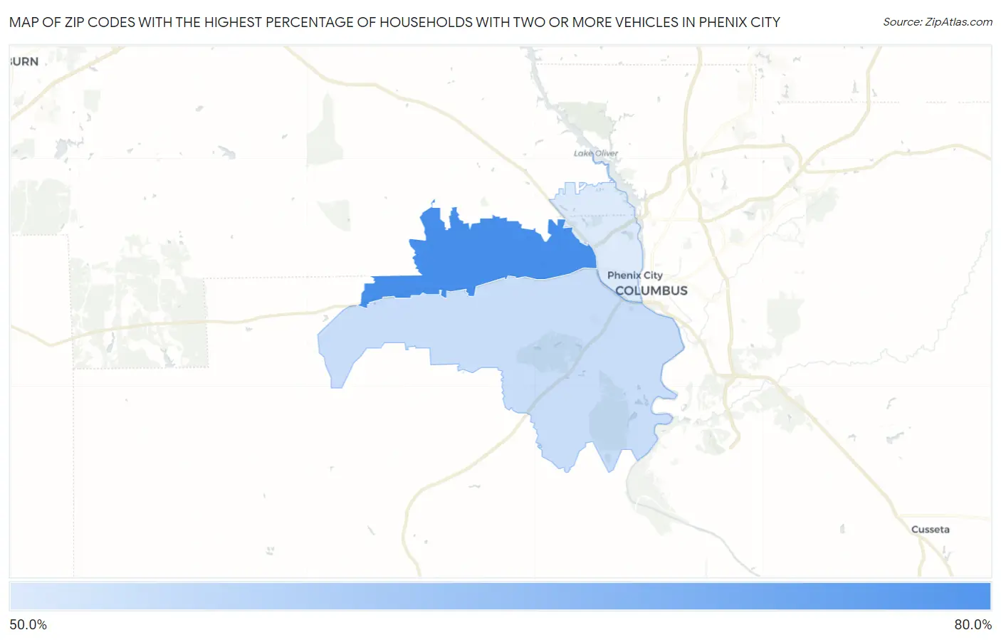 Zip Codes with the Highest Percentage of Households With Two or more Vehicles in Phenix City Map