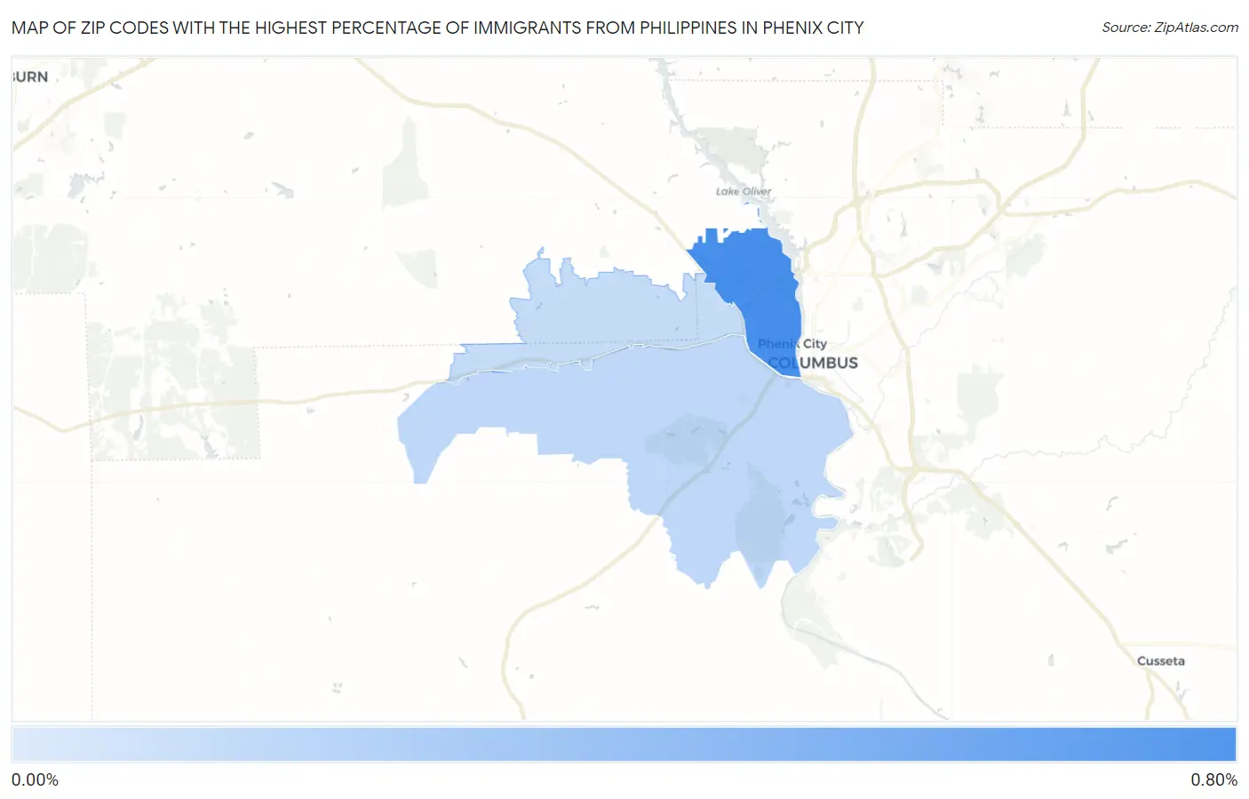 Zip Codes with the Highest Percentage of Immigrants from Philippines in Phenix City Map