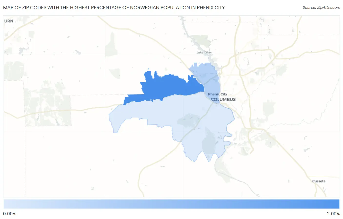 Zip Codes with the Highest Percentage of Norwegian Population in Phenix City Map