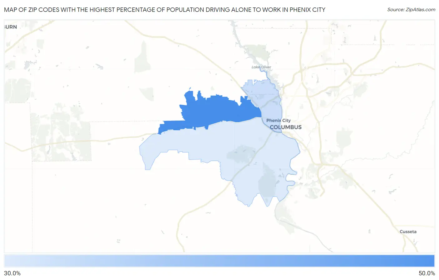 Zip Codes with the Highest Percentage of Population Driving Alone to Work in Phenix City Map