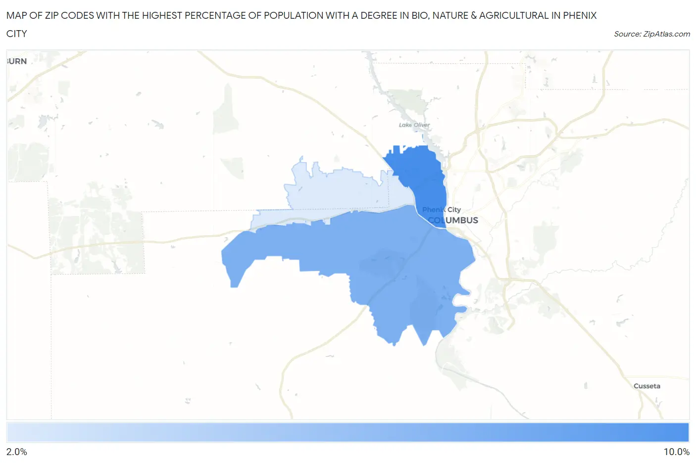 Zip Codes with the Highest Percentage of Population with a Degree in Bio, Nature & Agricultural in Phenix City Map