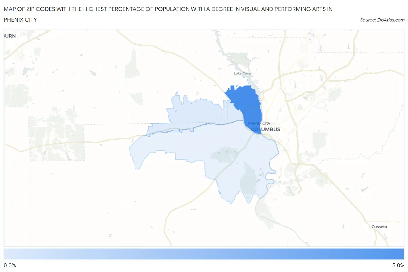 Zip Codes with the Highest Percentage of Population with a Degree in Visual and Performing Arts in Phenix City Map