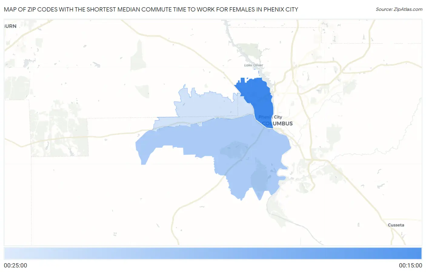 Zip Codes with the Shortest Median Commute Time to Work for Females in Phenix City Map