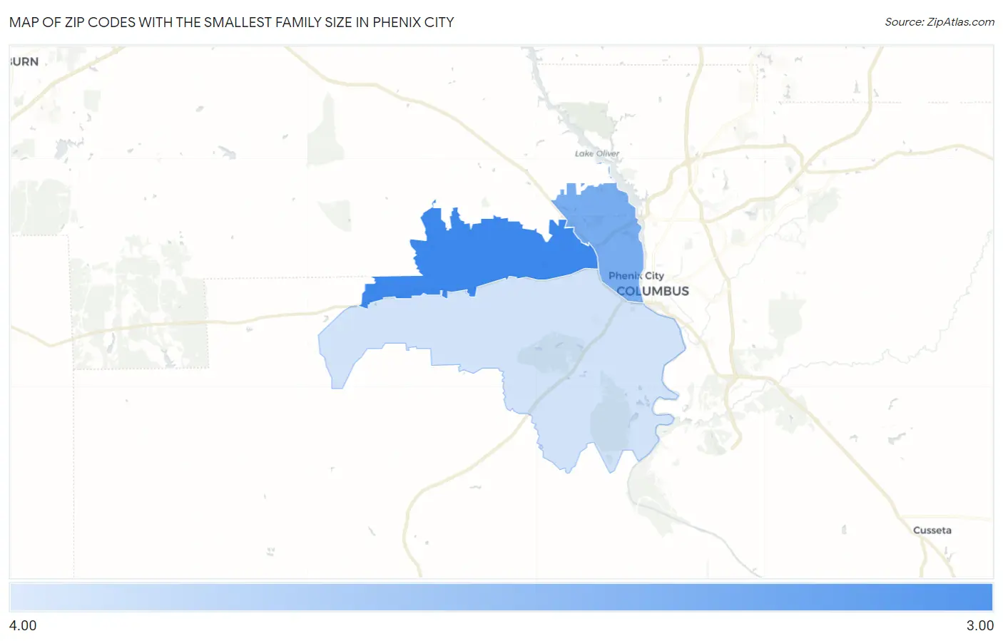 Zip Codes with the Smallest Family Size in Phenix City Map