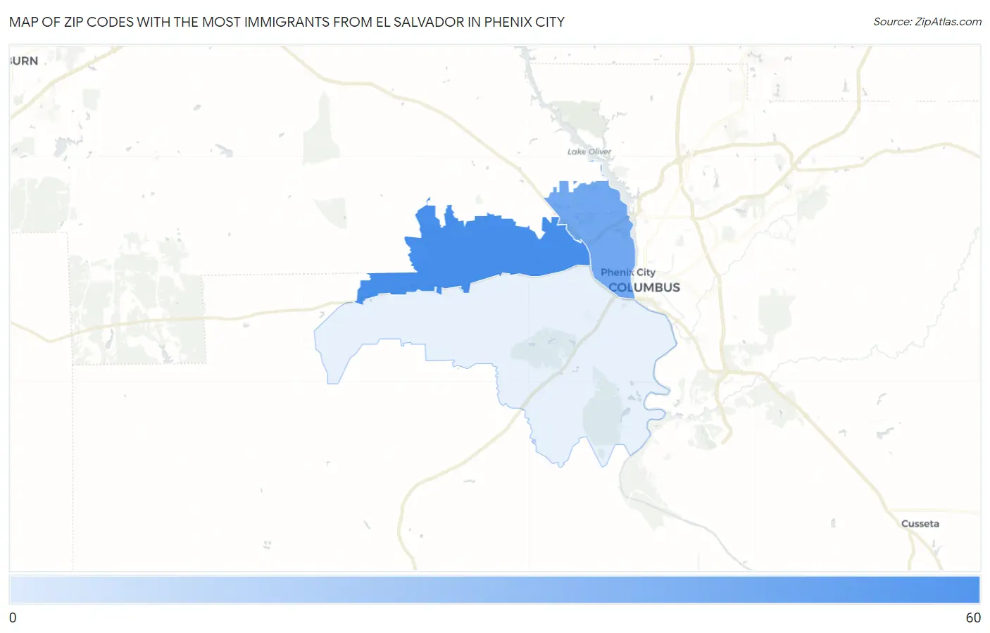 Zip Codes with the Most Immigrants from El Salvador in Phenix City Map