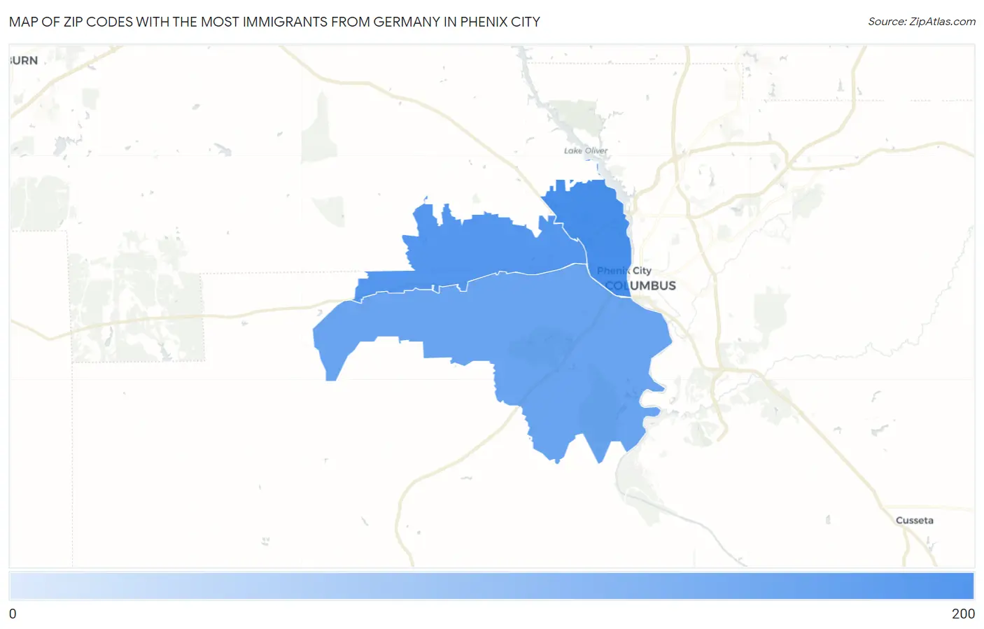 Zip Codes with the Most Immigrants from Germany in Phenix City Map