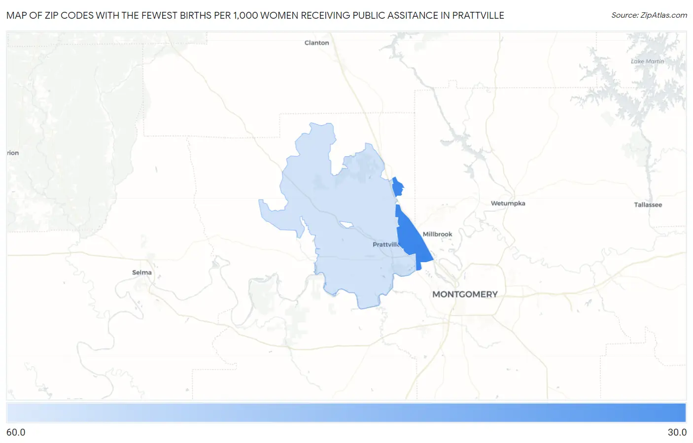 Zip Codes with the Fewest Births per 1,000 Women Receiving Public Assitance in Prattville Map