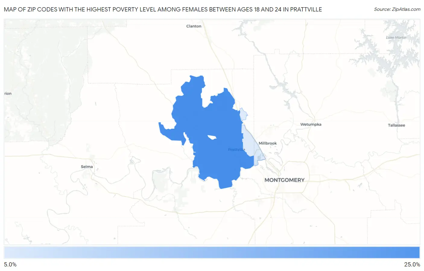 Zip Codes with the Highest Poverty Level Among Females Between Ages 18 and 24 in Prattville Map