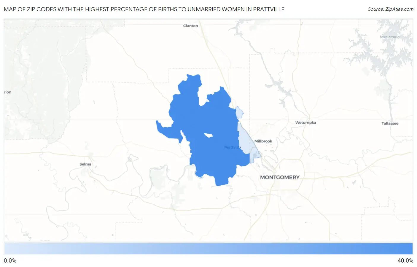 Zip Codes with the Highest Percentage of Births to Unmarried Women in Prattville Map