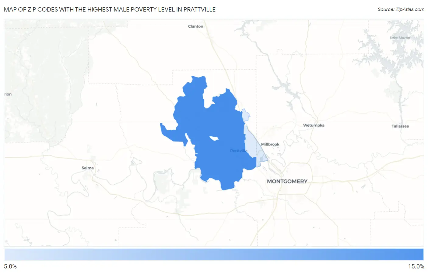 Zip Codes with the Highest Male Poverty Level in Prattville Map