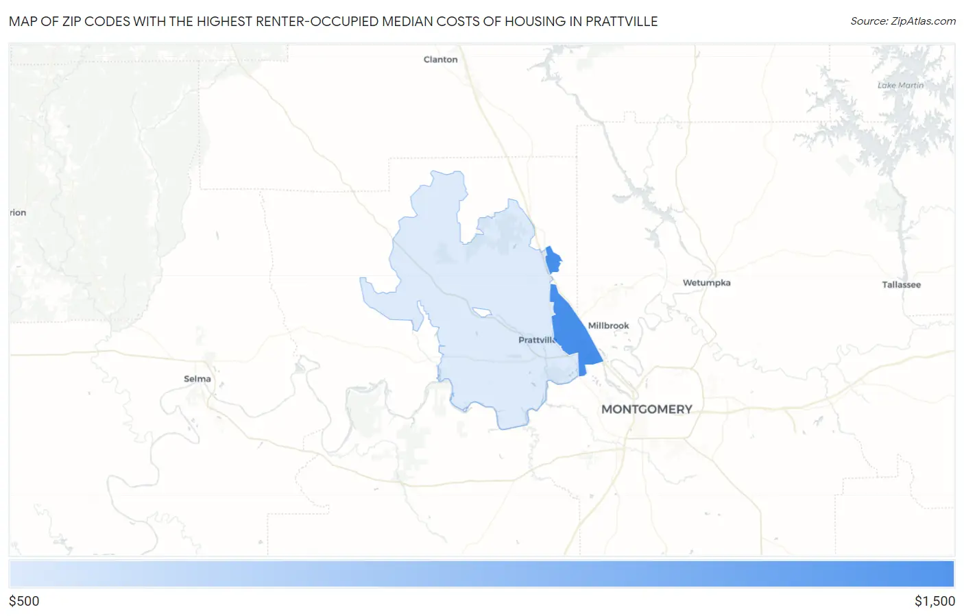 Zip Codes with the Highest Renter-Occupied Median Costs of Housing in Prattville Map