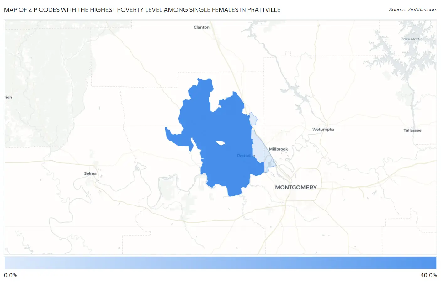 Zip Codes with the Highest Poverty Level Among Single Females in Prattville Map