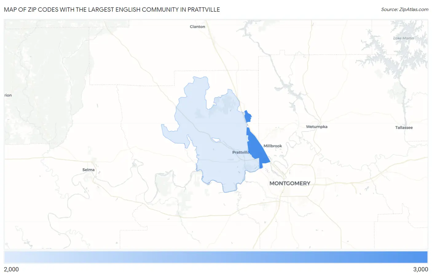 Zip Codes with the Largest English Community in Prattville Map
