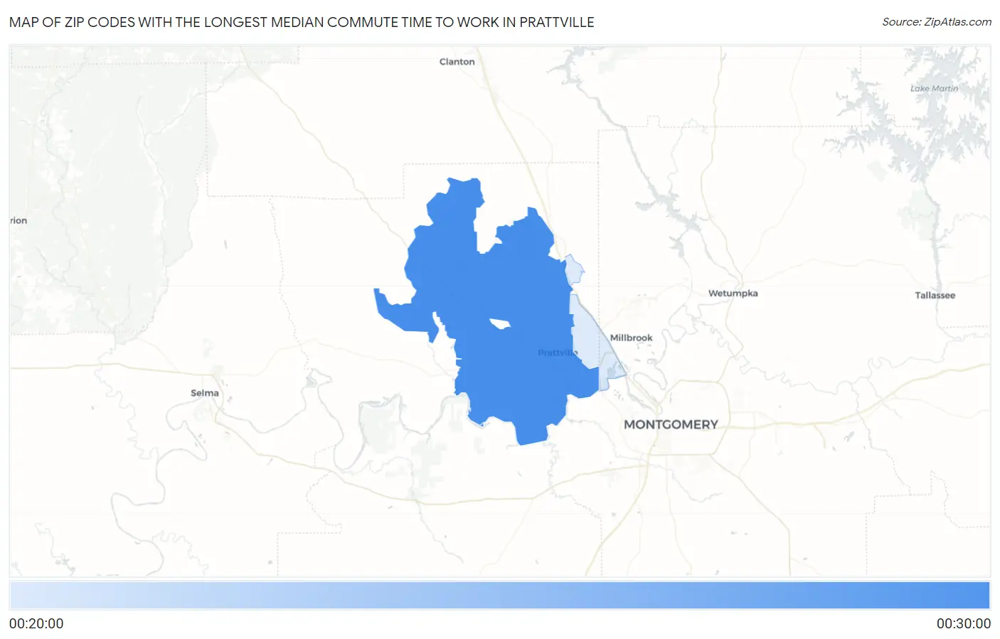 Zip Codes with the Longest Median Commute Time to Work in Prattville Map