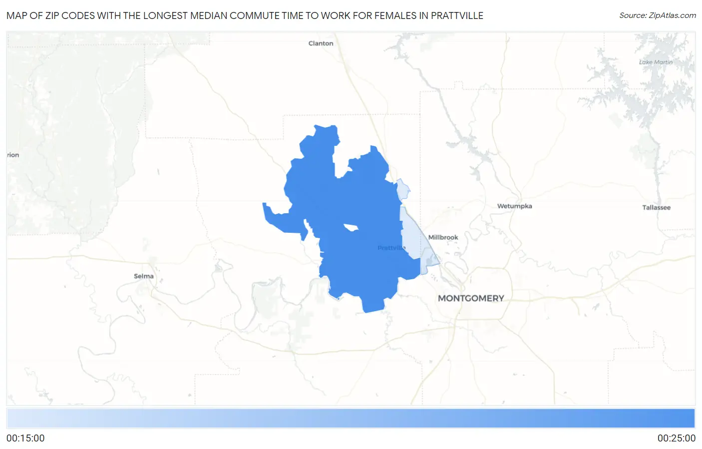 Zip Codes with the Longest Median Commute Time to Work for Females in Prattville Map