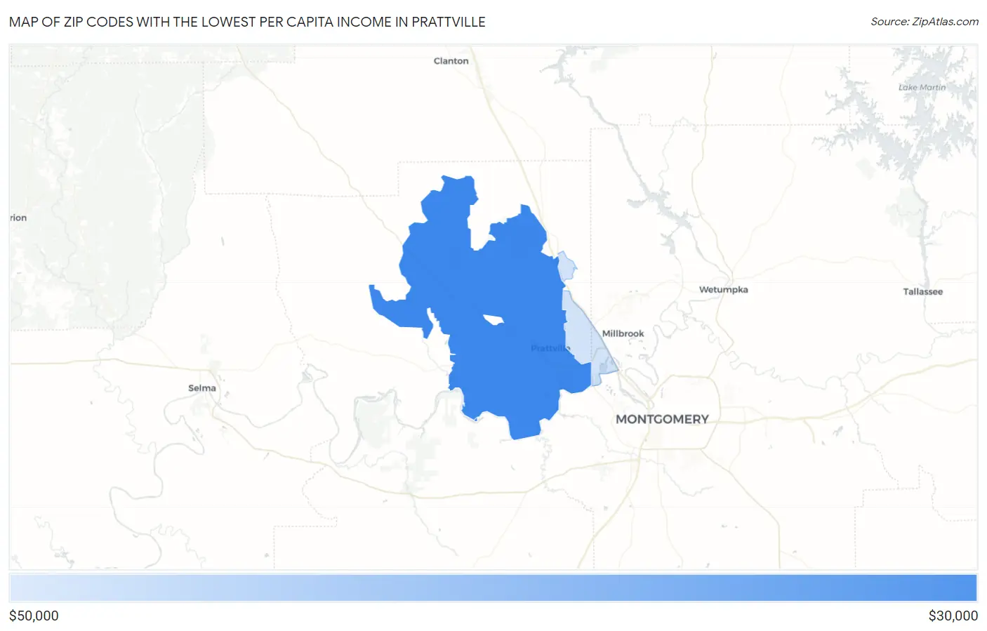Zip Codes with the Lowest Per Capita Income in Prattville Map