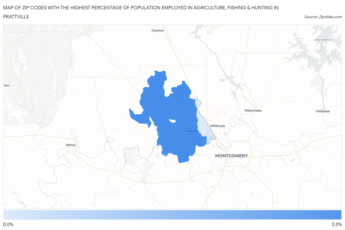 Zip Codes with the Highest Percentage of Population Employed in Agriculture, Fishing & Hunting in Prattville Map