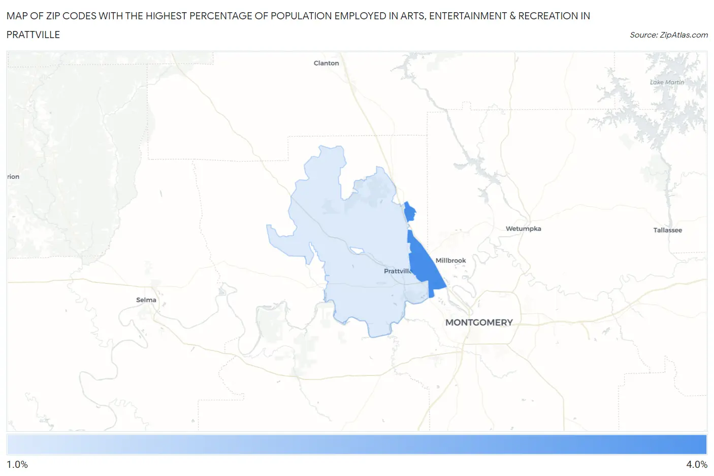 Zip Codes with the Highest Percentage of Population Employed in Arts, Entertainment & Recreation in Prattville Map
