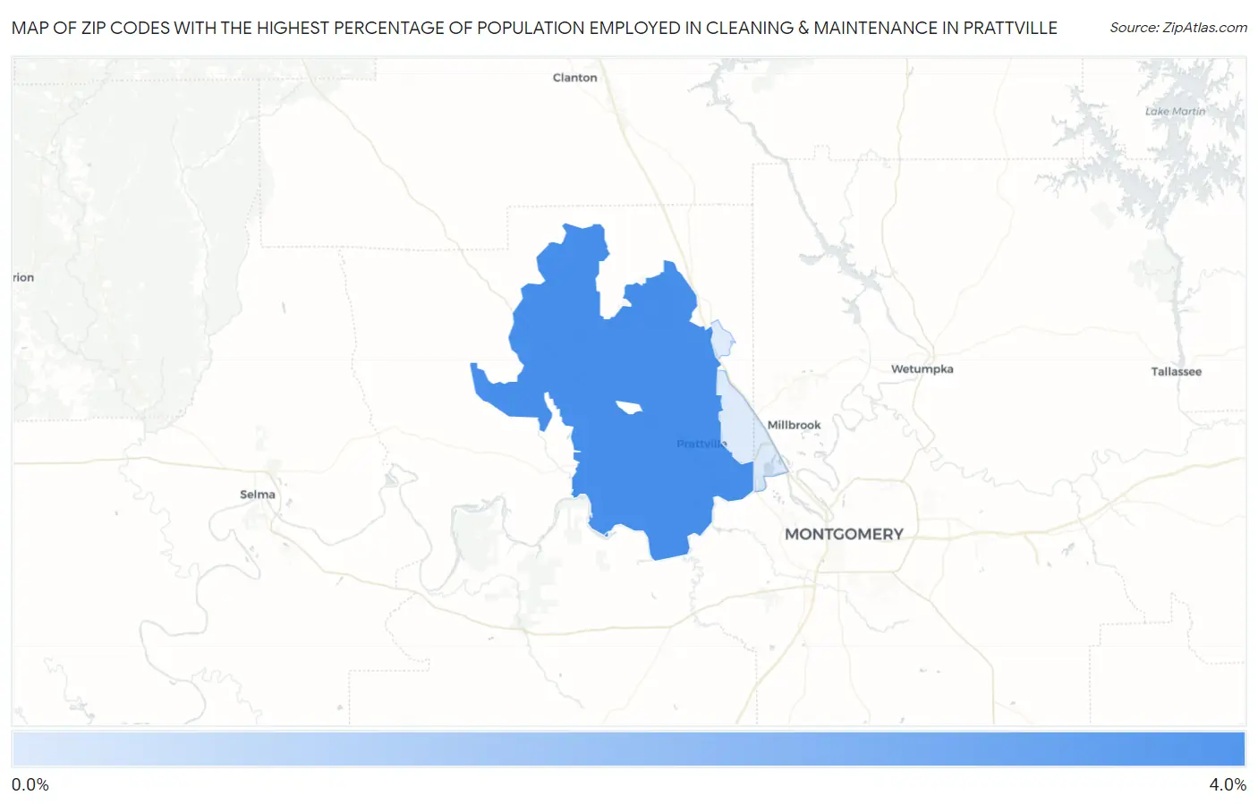 Zip Codes with the Highest Percentage of Population Employed in Cleaning & Maintenance in Prattville Map