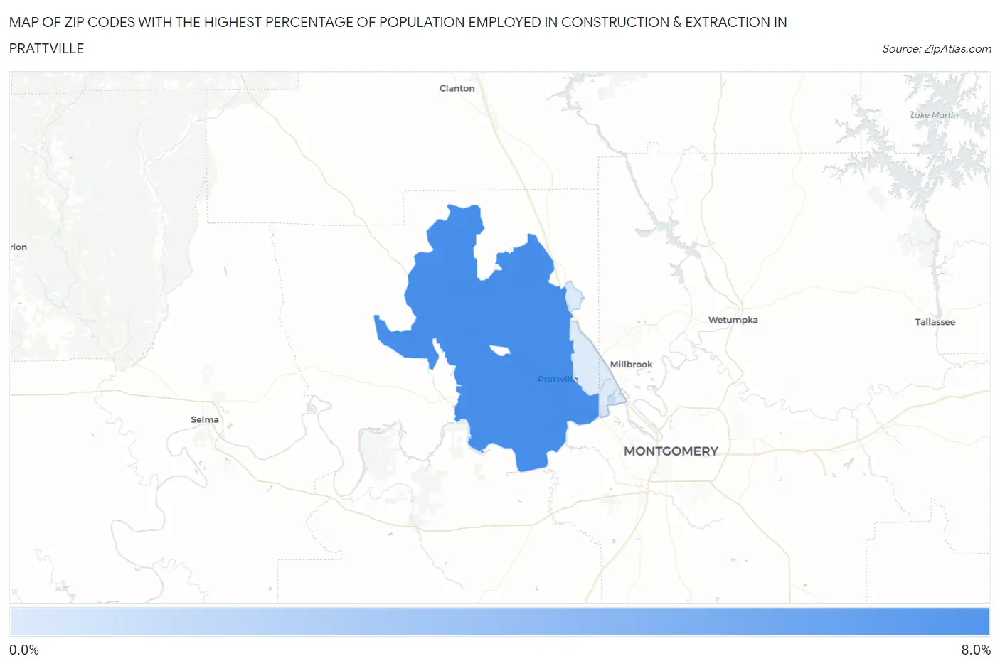Zip Codes with the Highest Percentage of Population Employed in Construction & Extraction in Prattville Map