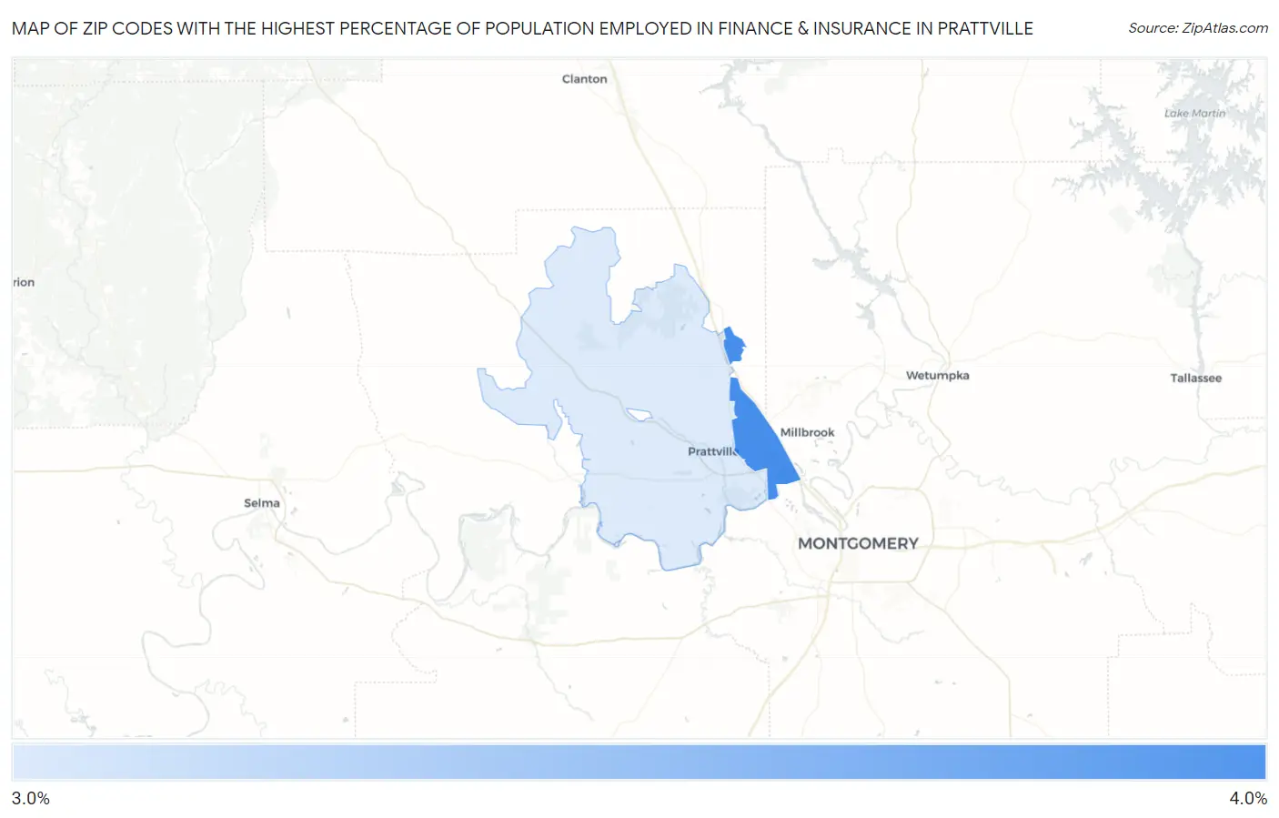Zip Codes with the Highest Percentage of Population Employed in Finance & Insurance in Prattville Map