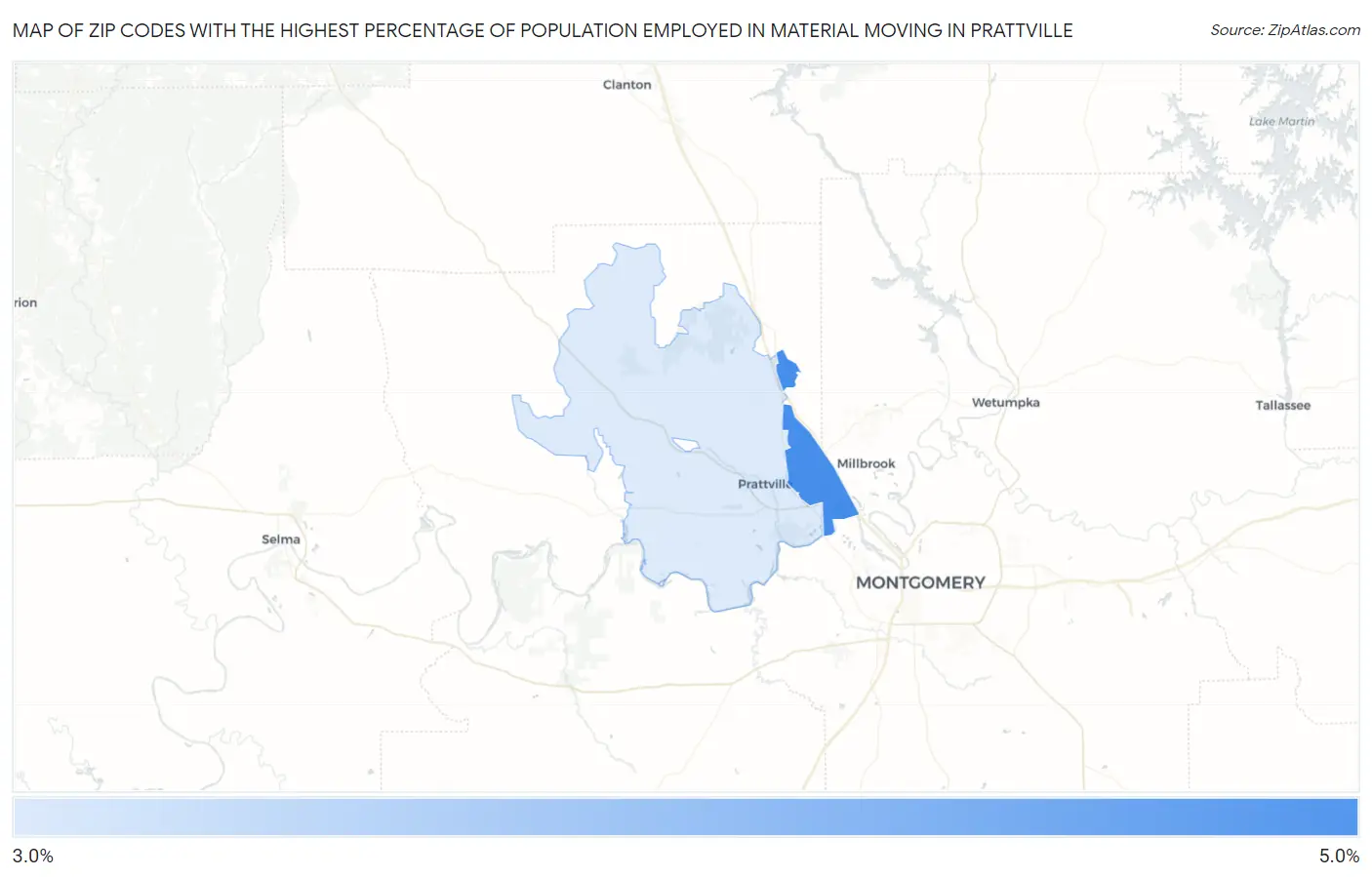 Zip Codes with the Highest Percentage of Population Employed in Material Moving in Prattville Map