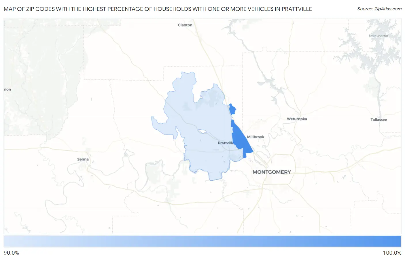 Zip Codes with the Highest Percentage of Households With One or more Vehicles in Prattville Map