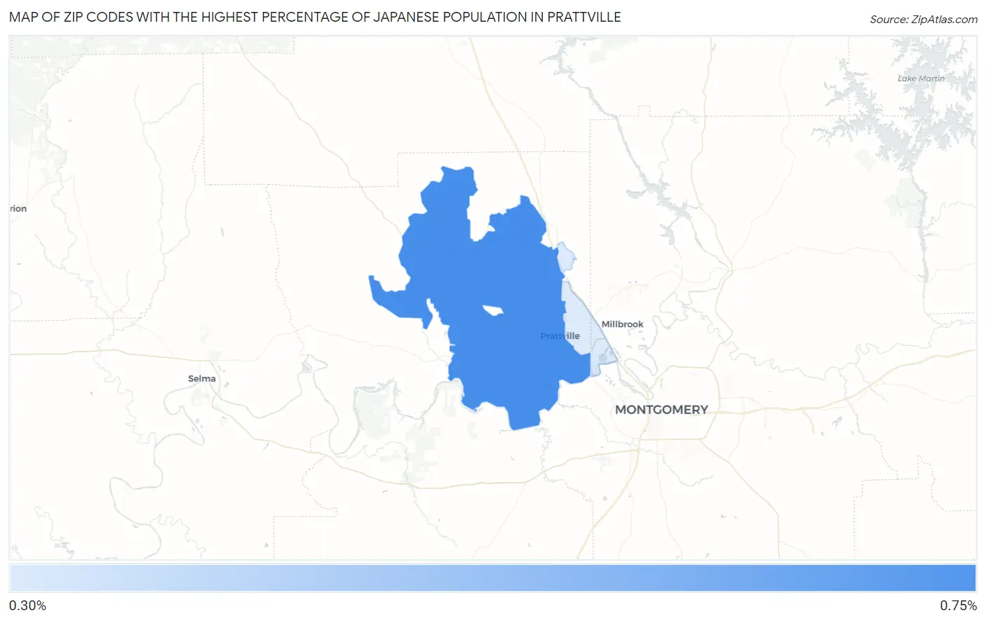 Zip Codes with the Highest Percentage of Japanese Population in Prattville Map