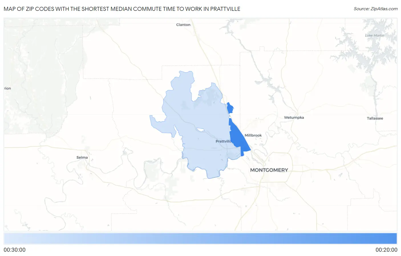 Zip Codes with the Shortest Median Commute Time to Work in Prattville Map