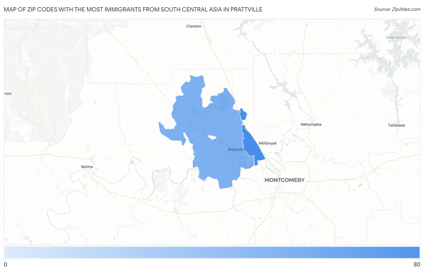 Zip Codes with the Most Immigrants from South Central Asia in Prattville Map
