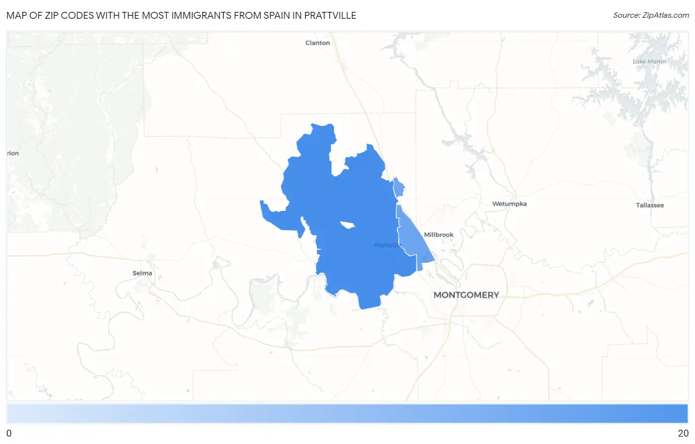 Zip Codes with the Most Immigrants from Spain in Prattville Map