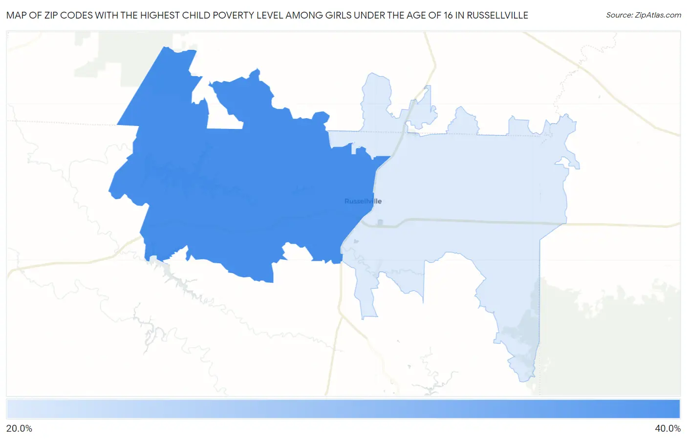Zip Codes with the Highest Child Poverty Level Among Girls Under the Age of 16 in Russellville Map