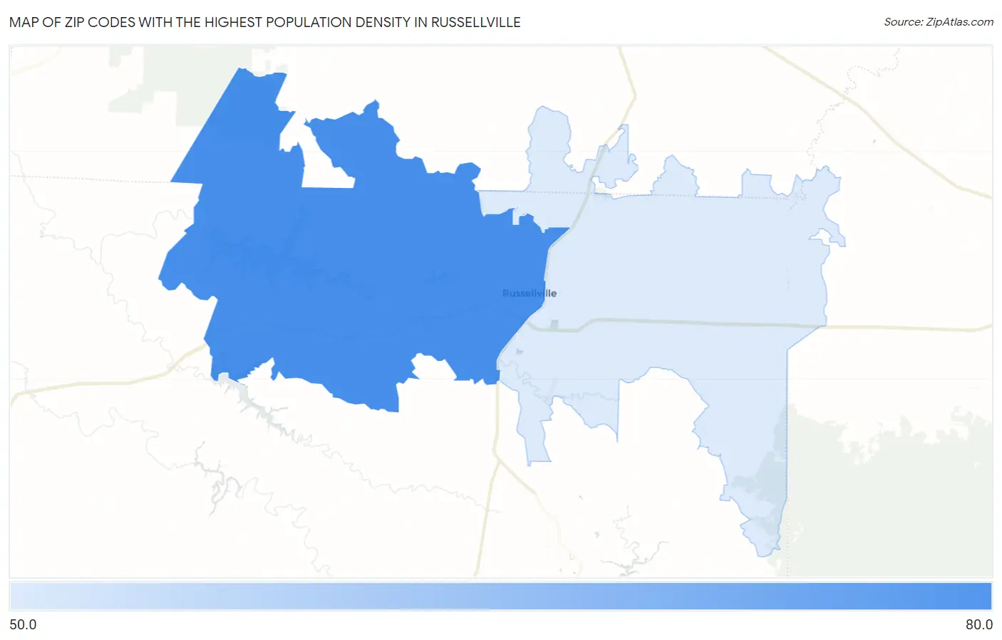 Zip Codes with the Highest Population Density in Russellville Map