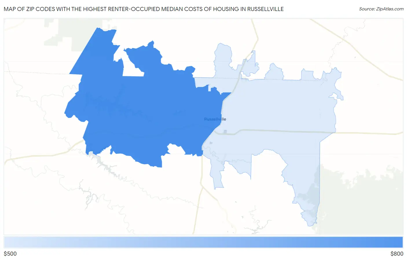 Zip Codes with the Highest Renter-Occupied Median Costs of Housing in Russellville Map